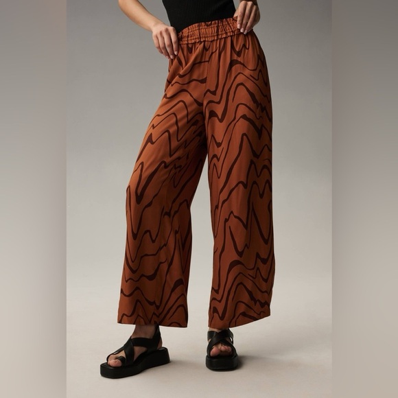 Anthropologie Wide Leg pull on pant bronze wavey artsy pattern retro 70s small S - Picture 1 of 16